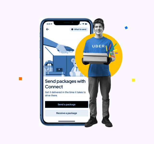 Uber Connect driver holding a package and standing in front of a smartphone showing the Uber app.