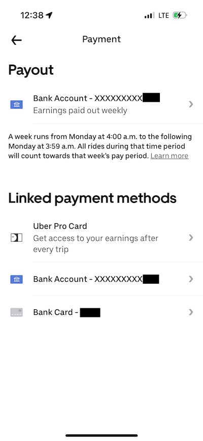 Screenshot of Uber's payment options.