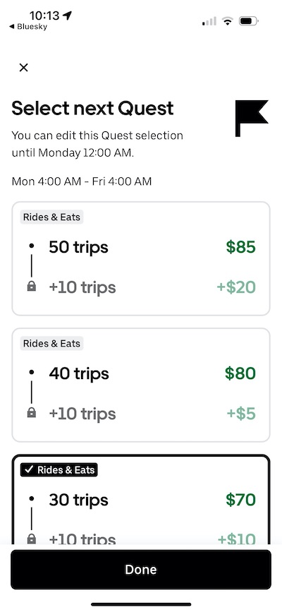 Screenshot of Uber's Quest promotions.