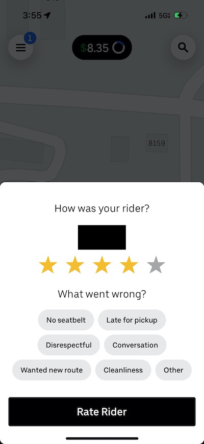 Prompt in the Uber app asking to rate a passenger.