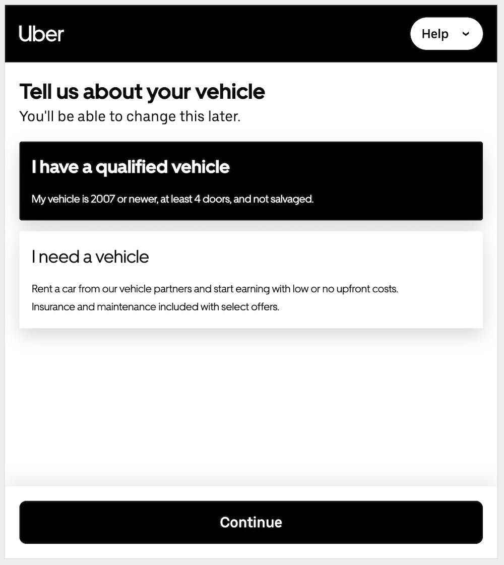 Uber's second signup screen asking if you need to rent a car or not