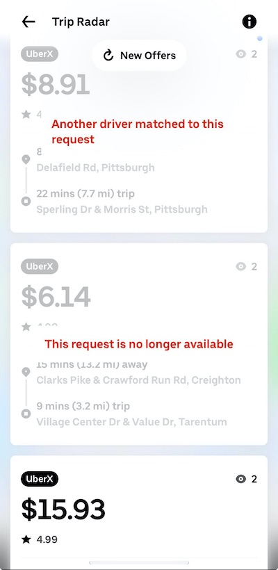 A list of available rides in the Uber driver app.
