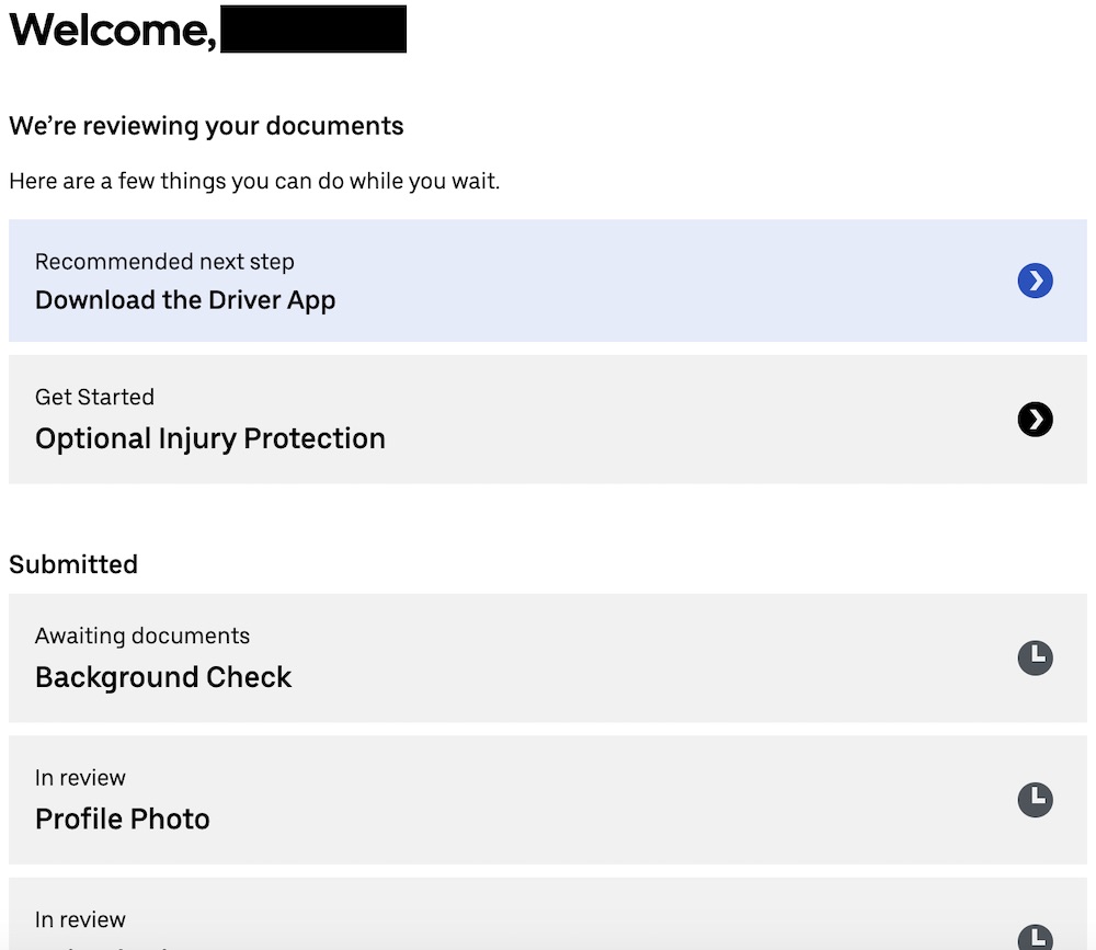 Uber's signup screen informing you that they're reviewing your documents