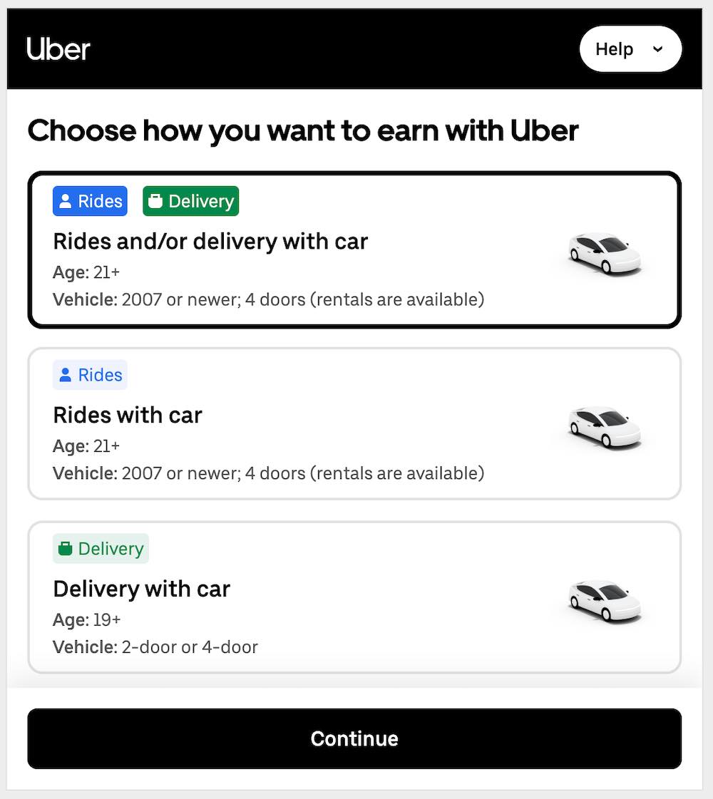 Uber's first signup screen asking whether you want to do rideshare or delivery