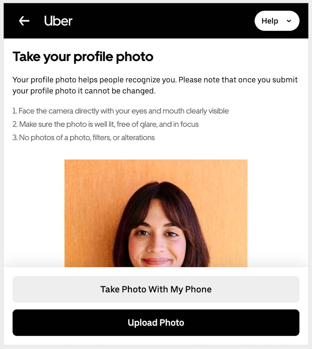 Uber's signup screen prompting you to take a profile picture