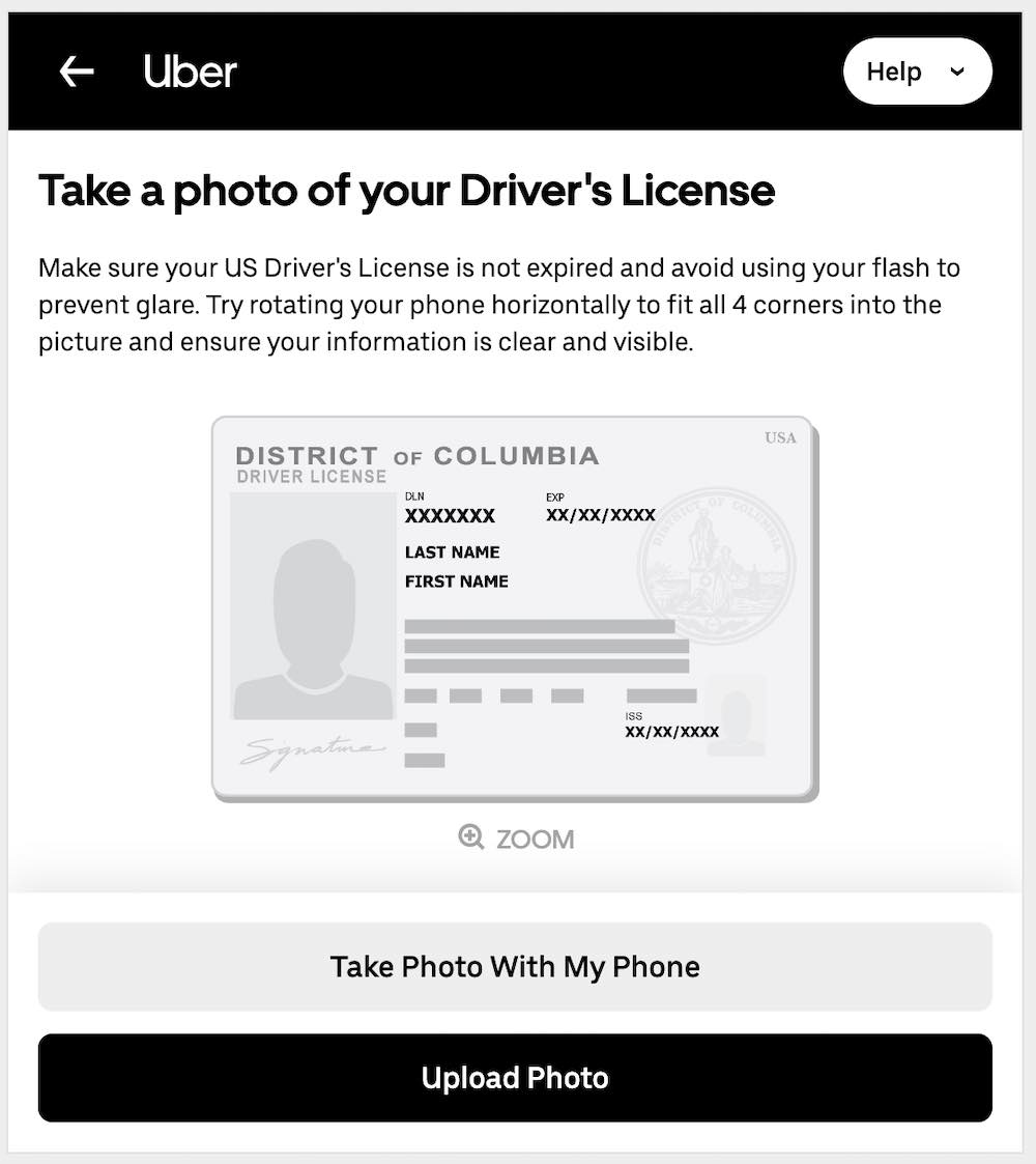 Uber's signup screen prompting you for a photo of your driver's license