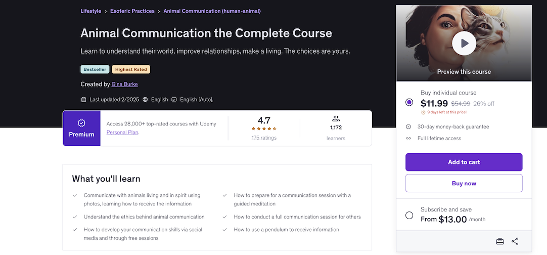 Screenshot of an Udemy animal communication course.