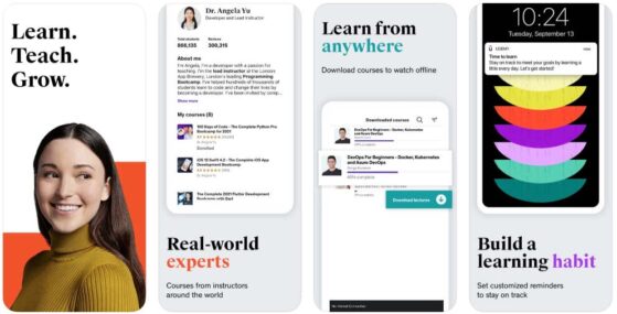 Four app advertisements showing the benefits of using Udemy