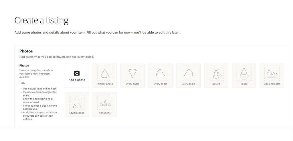 Screenshot of the Etsy "create a listing" page