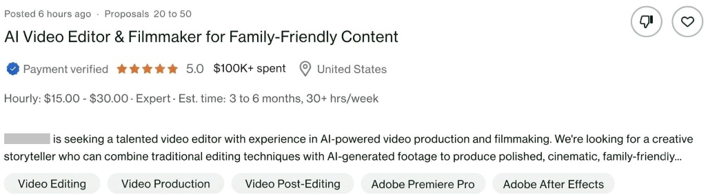 Screenshot of job post on Upwork seeking an AI video filmmaker.