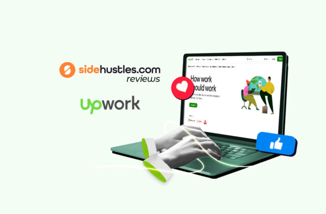 Two hands of a digital freelancer over a laptop keyboard, with the screen showing the Upwork website