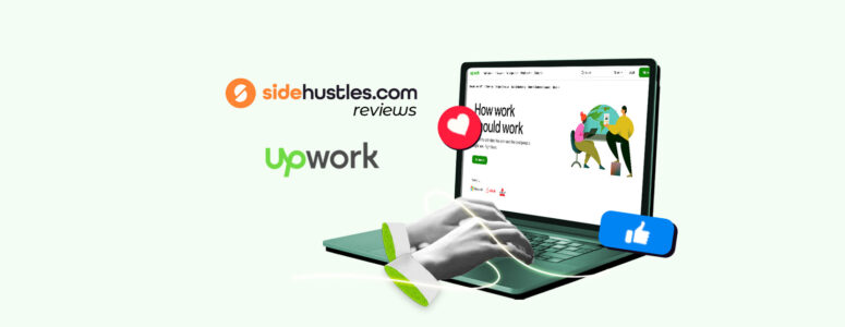 Two hands of a digital freelancer over a laptop keyboard, with the screen showing the Upwork website