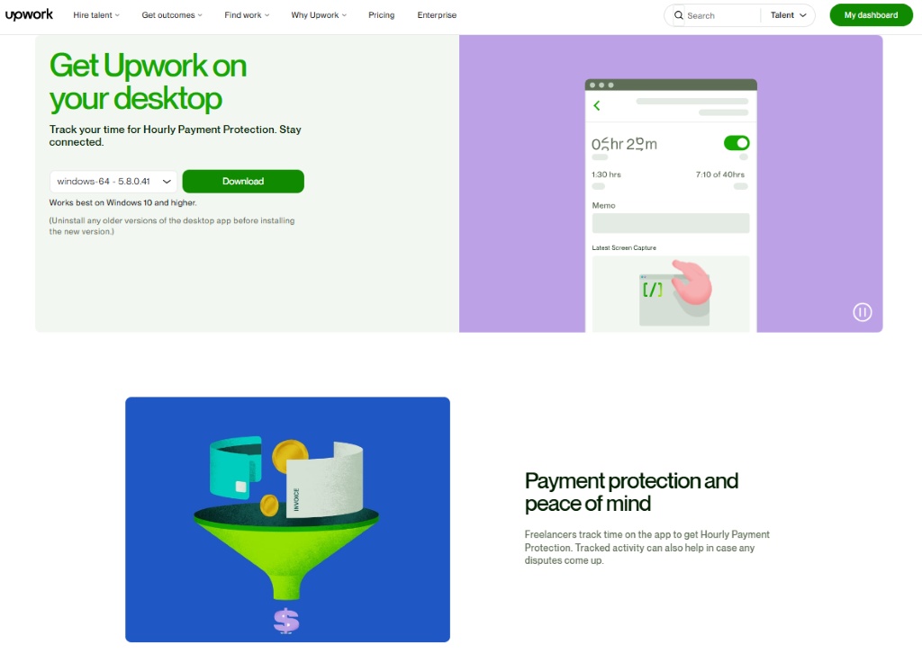 Upwork's time tracker software download page.
