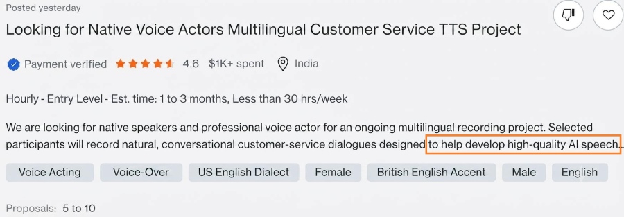 Screenshot of job posting on Upwork asking for voice actors to contribute to the development of AI tools.