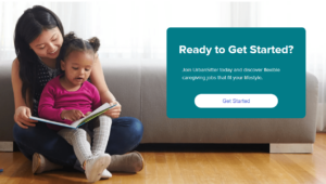 UrbanSitter app signup page for babysitters, showing a babysitter reading to a child