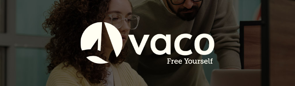 Vaco logo against a darkened background showing two freelancers looking at a laptop