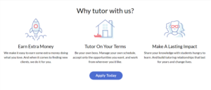 Varsity Tutors signup page, showing the benefits of becoming a Varsity Tutor.