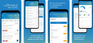 Four screenshots of the Veryable mobile app for operators showing the benefits of doing on-demand work through Veryable