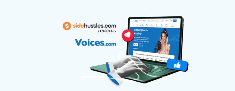 Hands of a voice actor typing on a laptop that's open to the Voices.com homepage