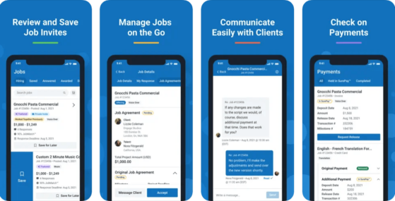 Four Voice.com mobile app screenshots on smartphones, showing how to manage jobs, communicate, and check payments