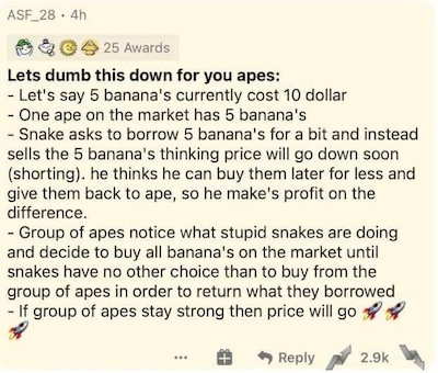 A post on r/WallStreetBets explaining how a short squeeze works.