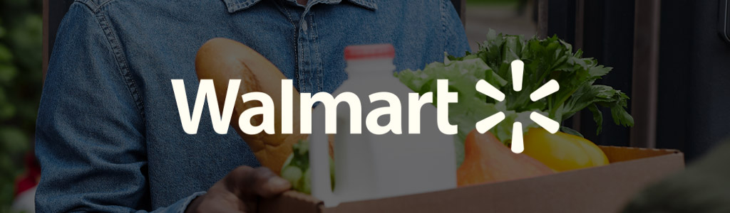 Walmart logo against the background of a man holding a bag filled with groceries
