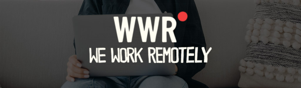 We Work Remotely logo against a darkened background showing a female freelancer using a laptop