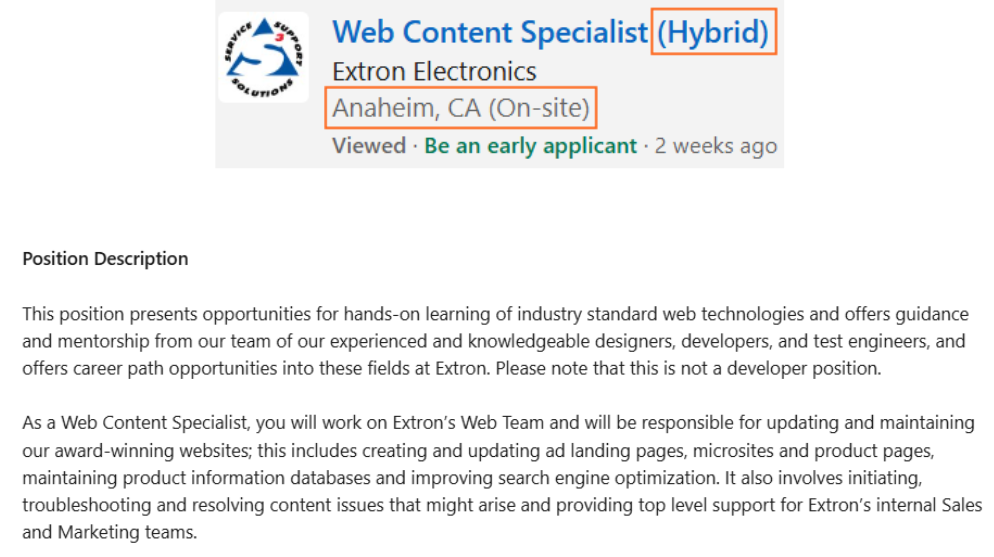 Screenshot of a LinkedIn job post showing “hybrid” in the title but “on-site” in the work location tag. 