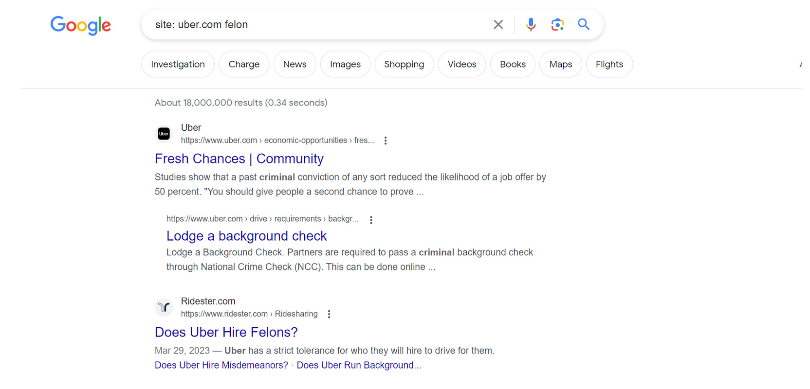 Screenshot of a Google search for Uber's policies on hiring felons