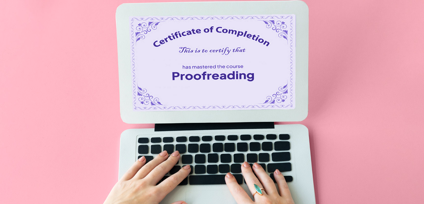 Laptop with the screen showing a certificate of proofreading