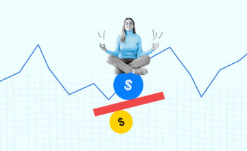 Woman meditating on a series of stacked dollar icons representing achieving financial wellness