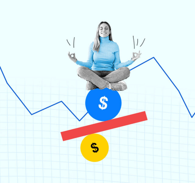 Woman meditating on a series of stacked dollar icons representing achieving financial wellness