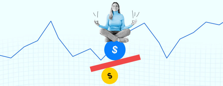 Woman meditating on a series of stacked dollar icons representing achieving financial wellness