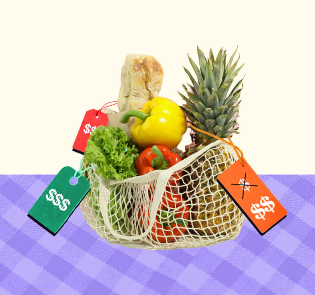 Basket of fruit with tags showing expensive prices