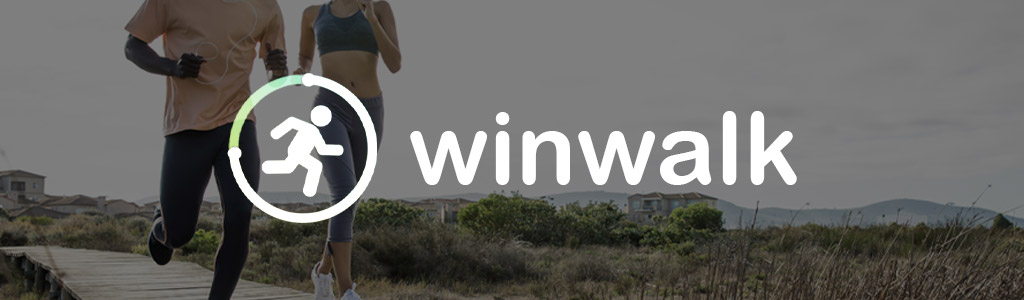Winwalk logo against a background showing two people out for a jog