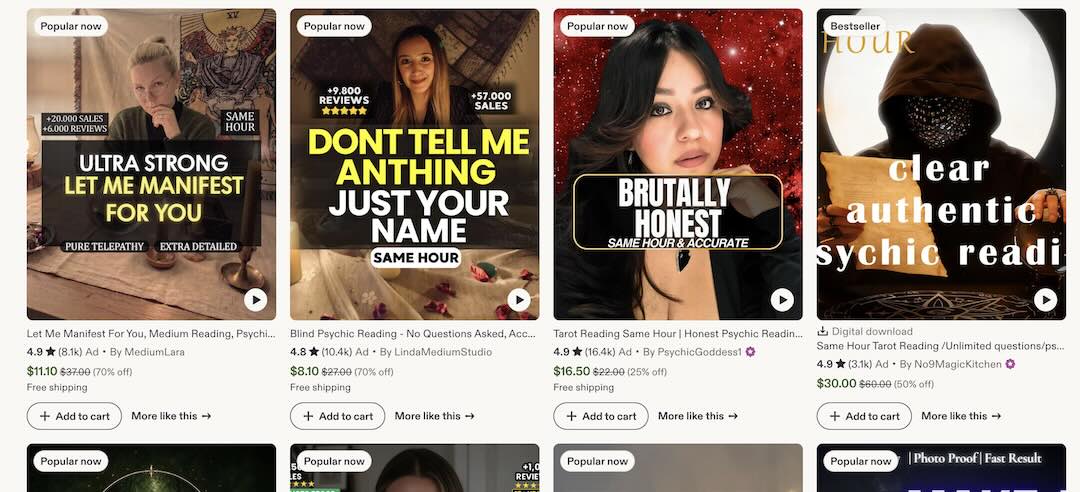 Screenshot of Etsy vendors selling magical services.