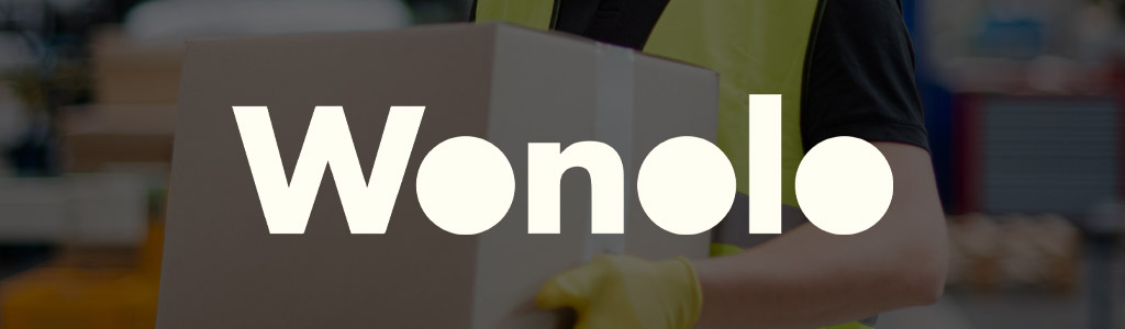 Wonolo logo against a darkened background of someone carrying a box