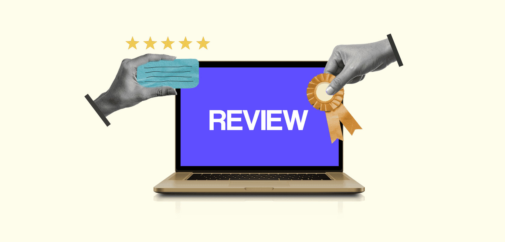 Laptop screen showing the word Review with five stars and a ribbon around it