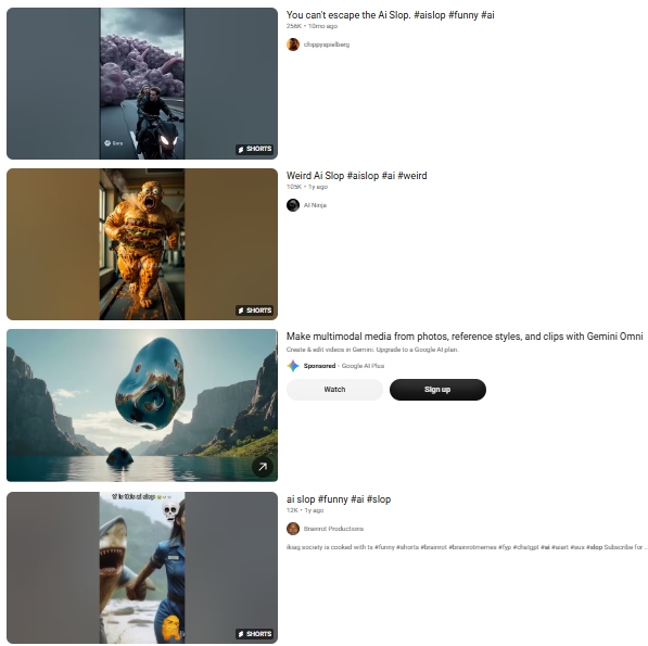 Screenshot of AI generated videos on YouTube.
