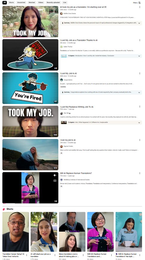 Screenshot of YouTube videos of people discussing how they lost their translation job due to AI.