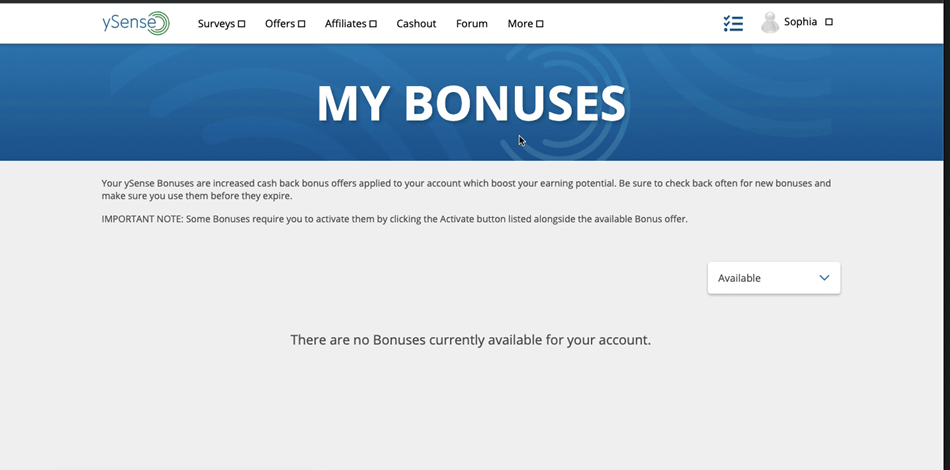 The ySense page for My Bonuses.