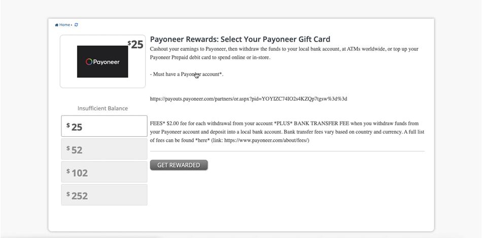 Terms for redeeming ySense rewards via Payoneer.