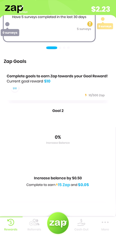 Bonuses for Zap Goals on the Zap Surveys mobile app.