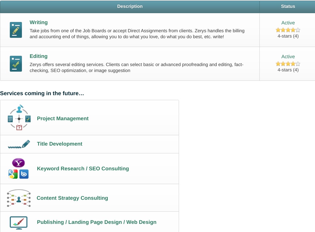 Screenshot of the types of services available on Zerys.