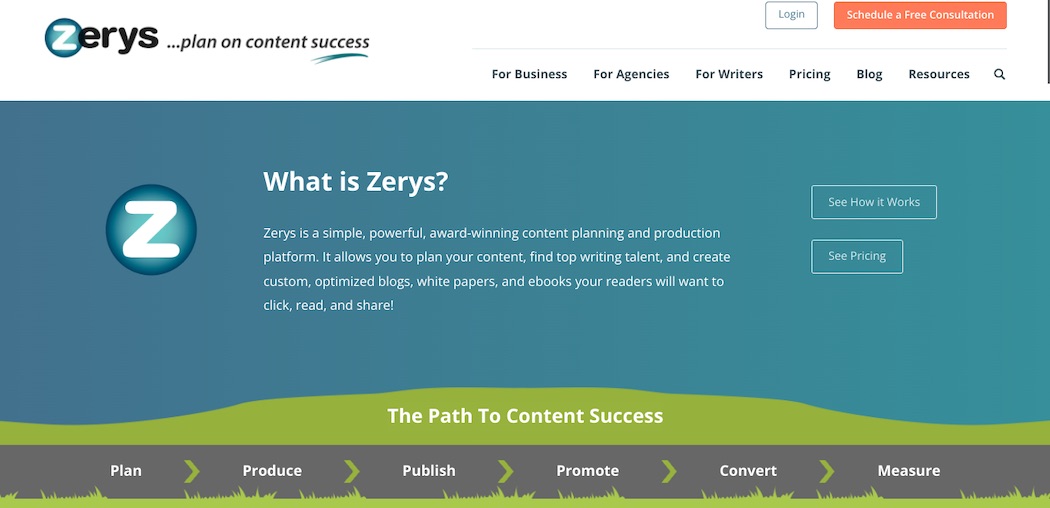 Screenshot of the Zerys homepage.