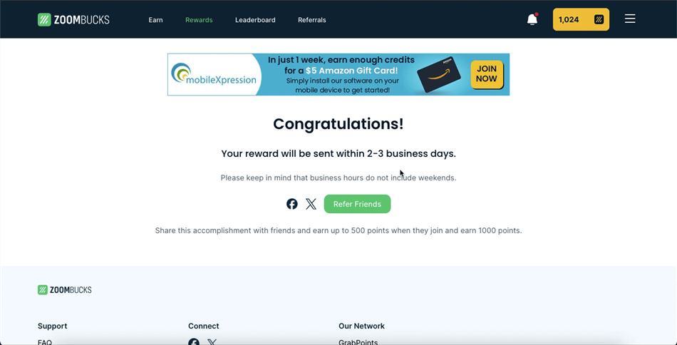 Information that Zoombucks shows users after rewards redemption, including the 2-to-3-day timeline.